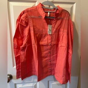 Kaktus 2X Plus Coral Button-Down 100% Cotton Shirt w/Lace Top Button Cuffs NWT